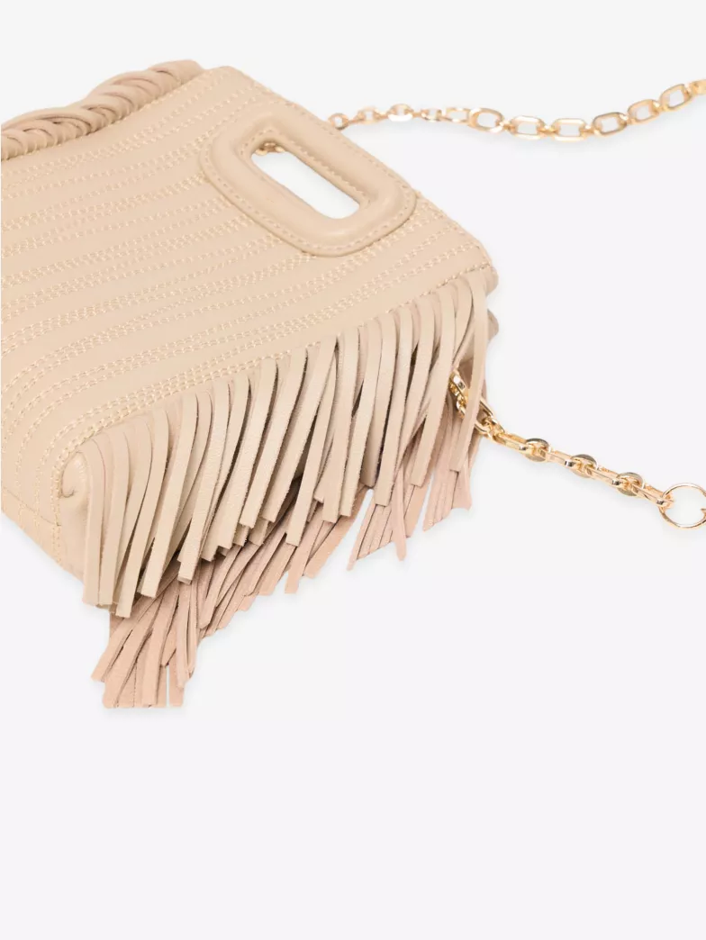 Cream Stitched Fringe Mini Top Handle Crossbody Bag