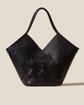 Woven Front V-Cut Leather Large Tote Bag