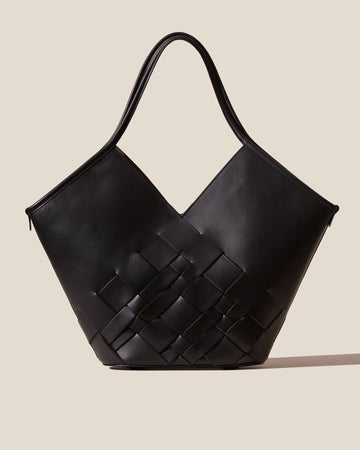 Woven Front V-Cut Leather Large Tote Bag
