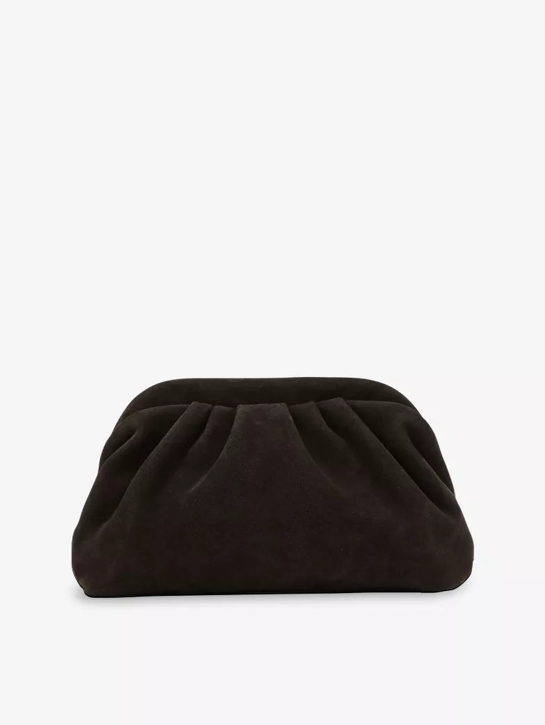 Black Brushed Suede Gathered Soft Clutch Bag with Chain Strap