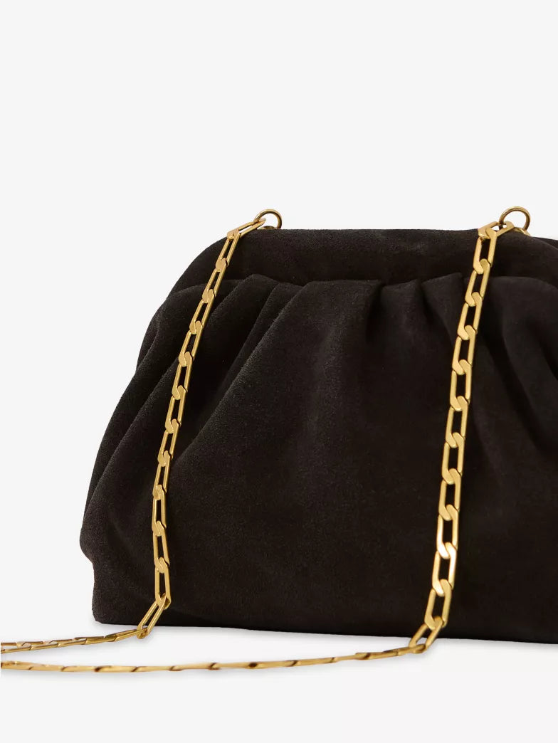 Black Brushed Suede Gathered Soft Clutch Bag with Chain Strap