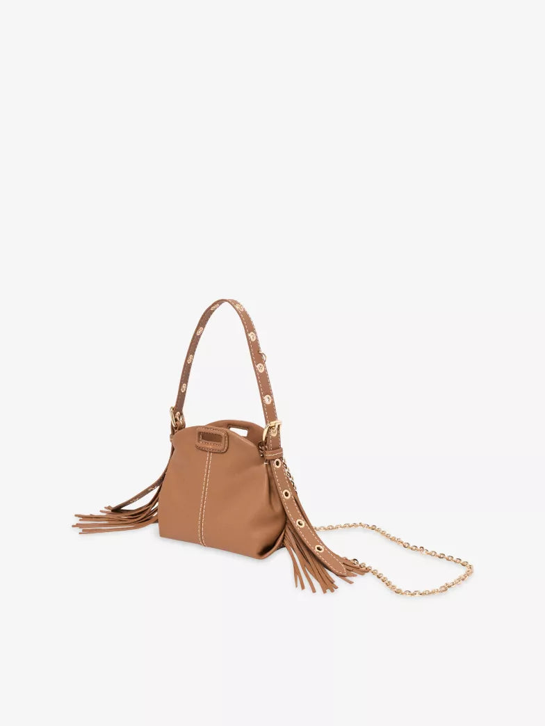 Brown Fringe Logo Embossed Mini Shoulder Bag