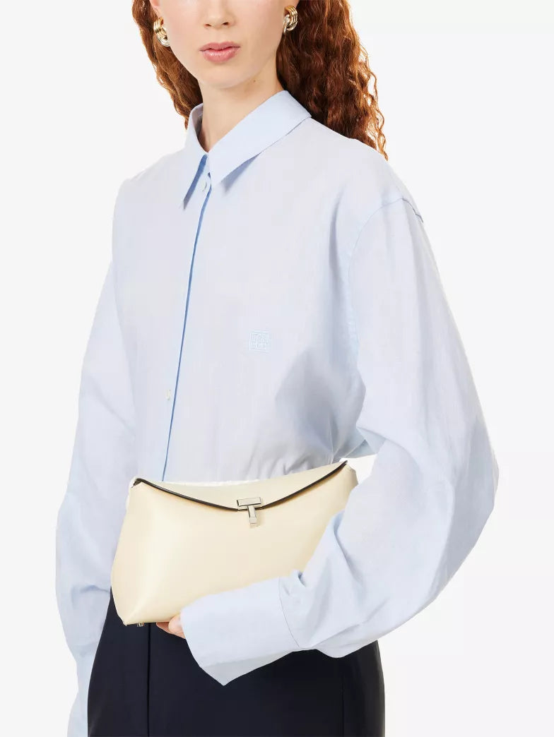 Cream T-Lock Structured Leather Crossbody Clutch Bag